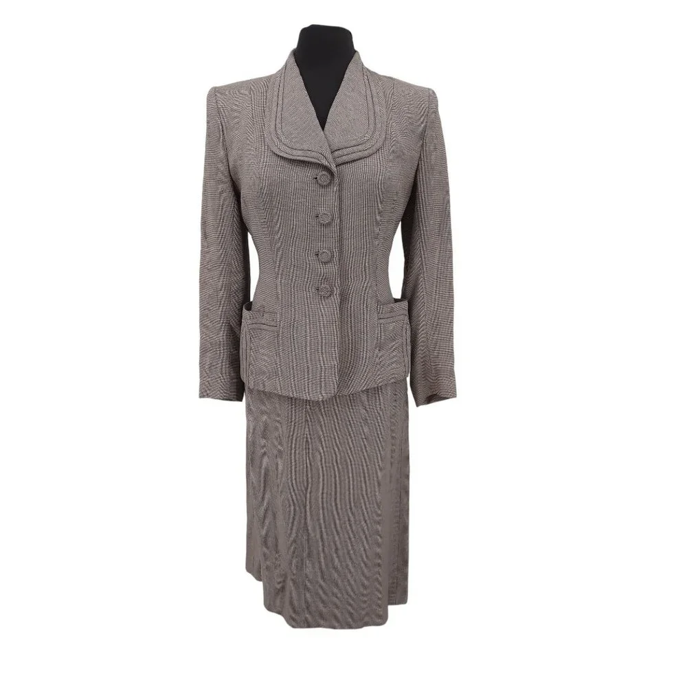 VTG 40s Brown Houndstooth Gabardine Blazer Pencil Skirt Suit Set Size S Neutral - Picture 11 of 11
